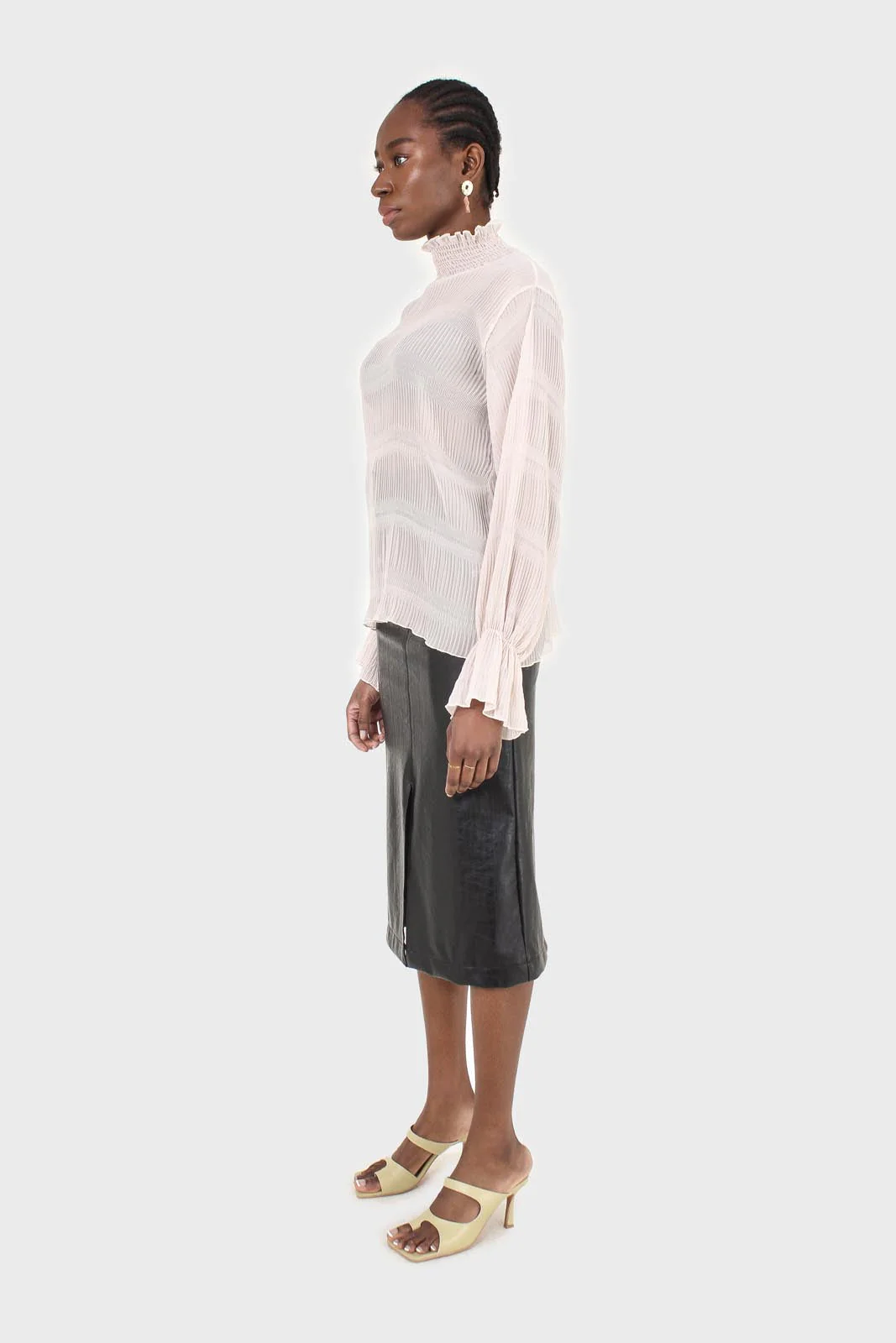 Beige shirring neck sheer tiered blouse - Image 4