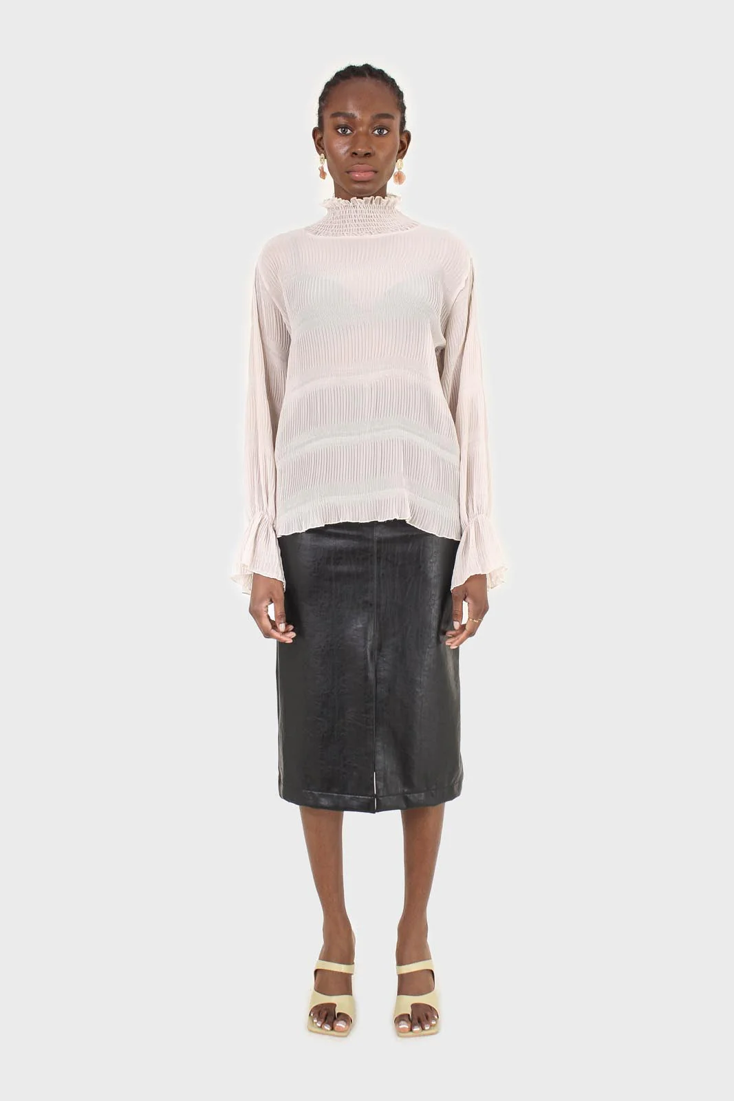 Beige shirring neck sheer tiered blouse - Image 5