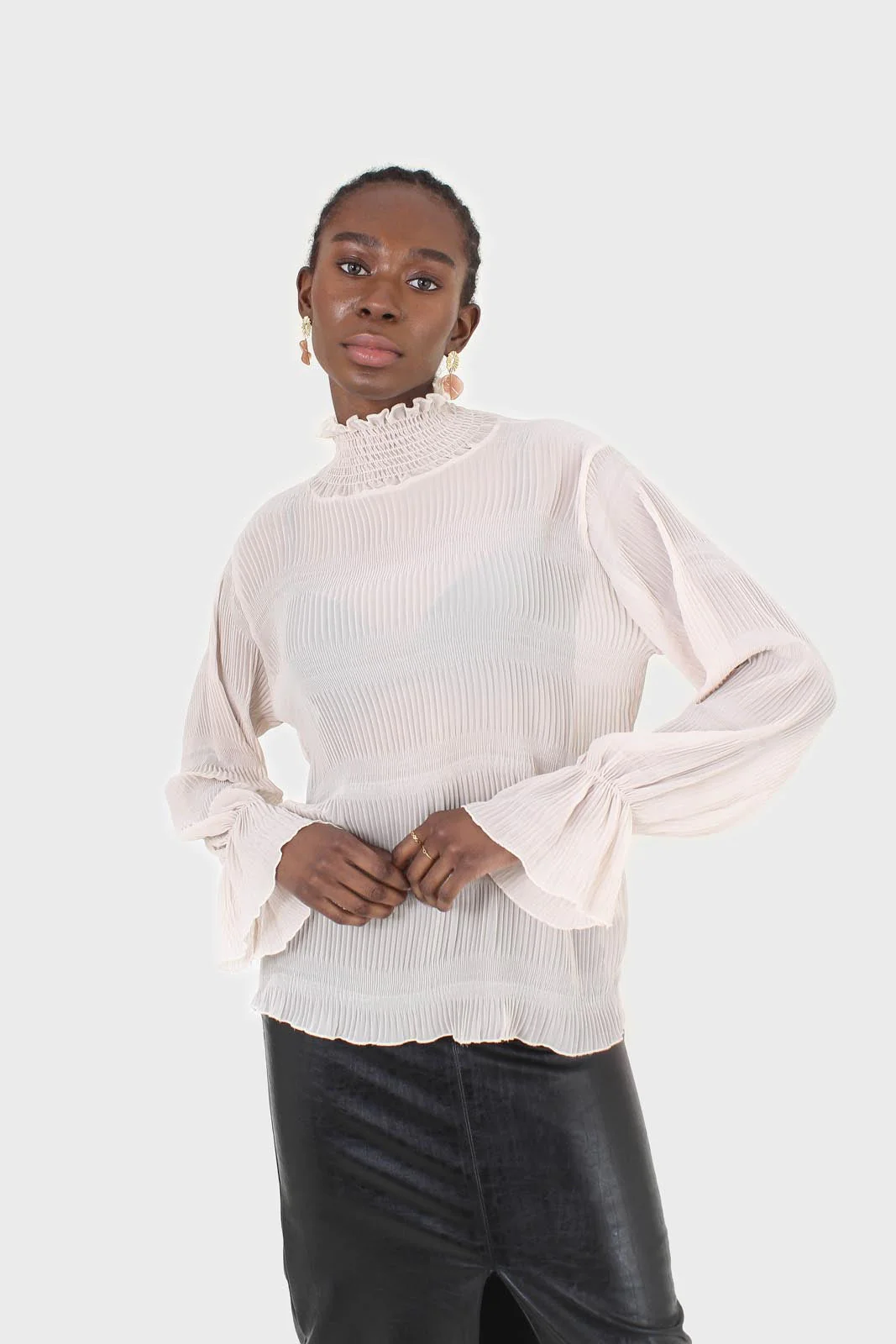 Beige shirring neck sheer tiered blouse - Image 7