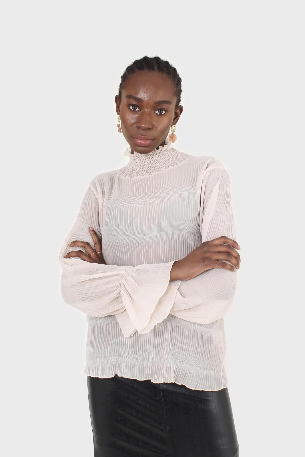 Beige shirring neck sheer tiered blouse - Image 8