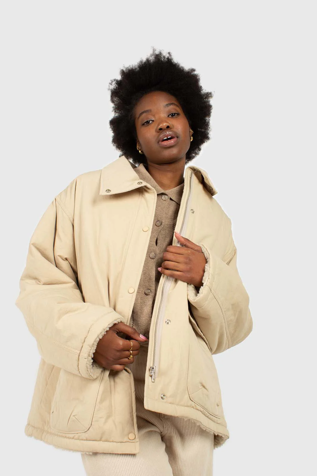 Beige teddy lined cinch back parka - Image 5