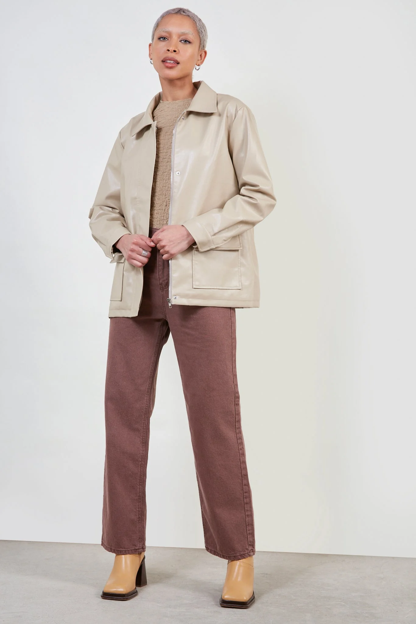 Beige vegan leather belted jacket - Image 6