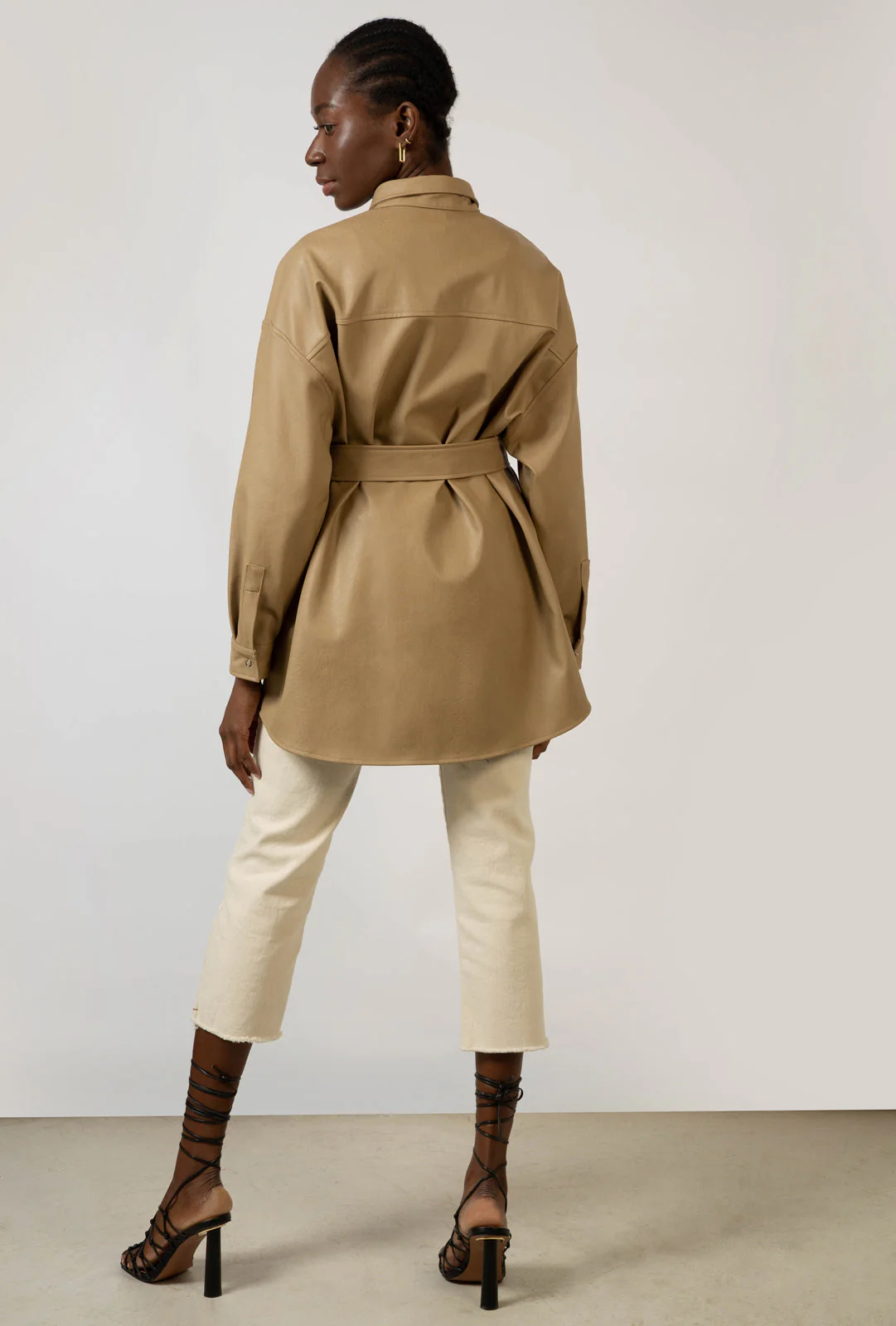 Beige vegan leather belted shirt jacket - Image 3