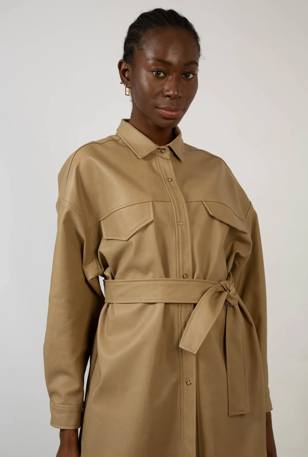 Beige vegan leather belted shirt jacket - Image 8