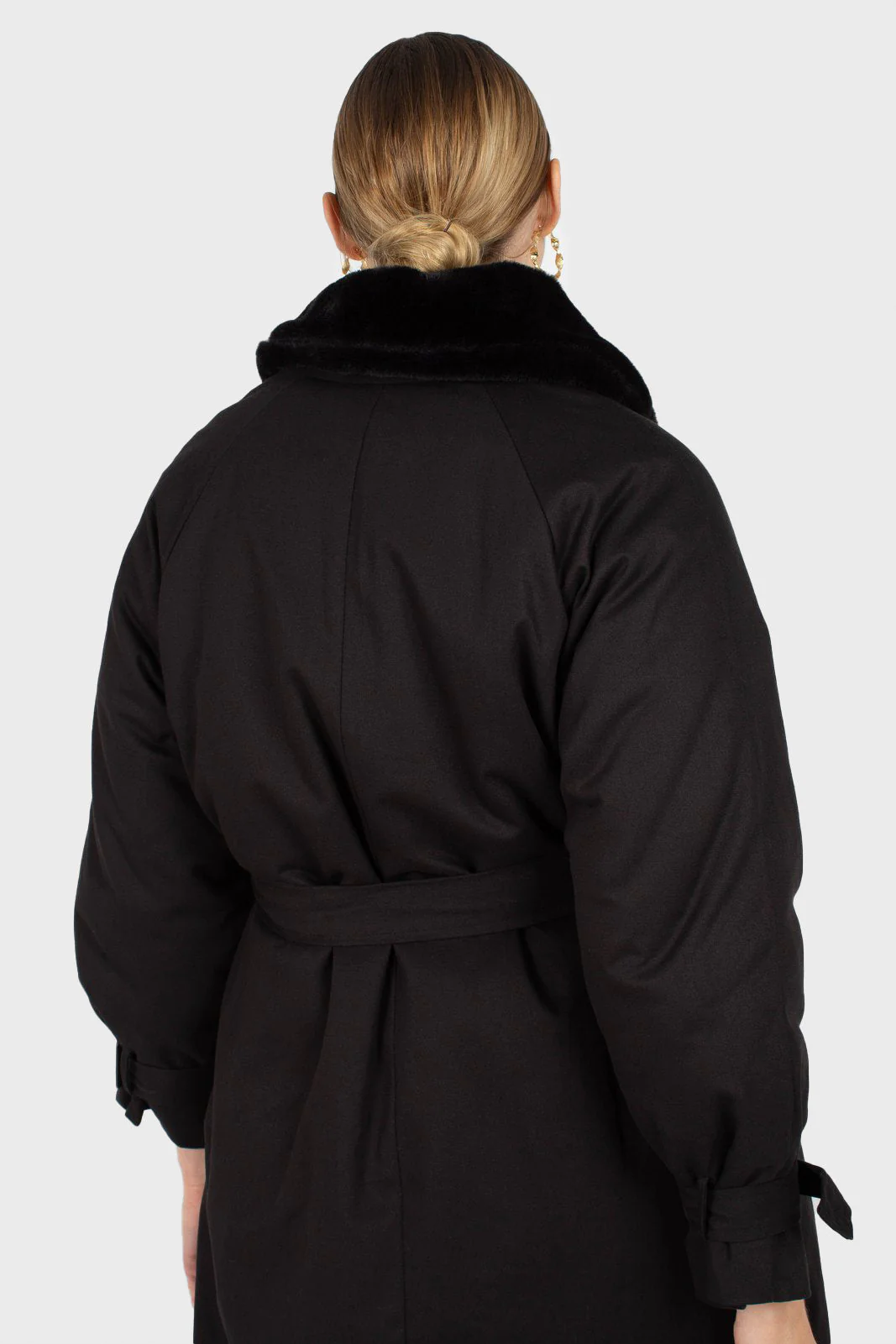 Black faux fur collar lined trench coat - Image 6