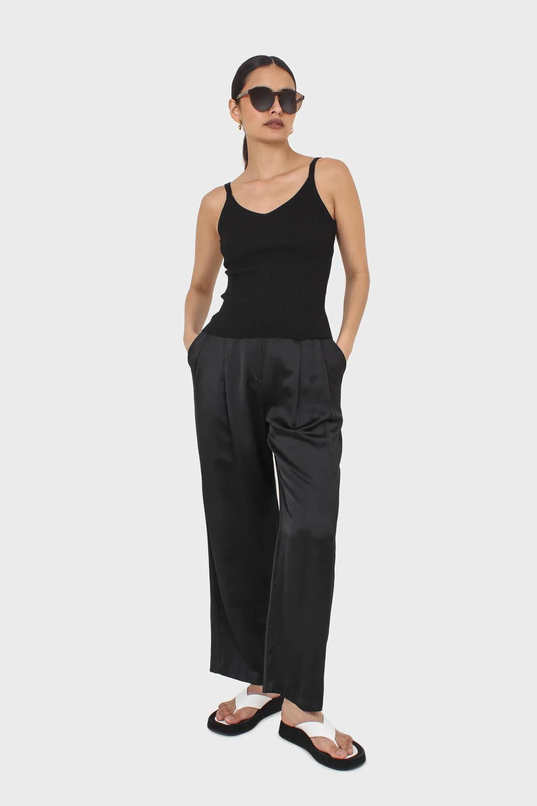 Black flap pocket satin wide leg trousers - Image 10
