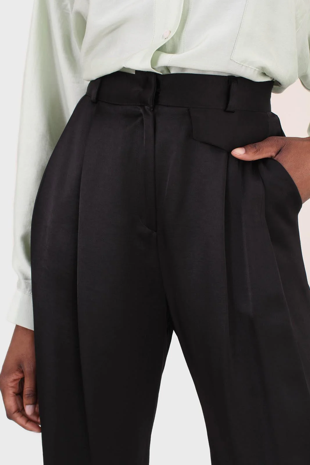 Black flap pocket satin wide leg trousers - Image 7