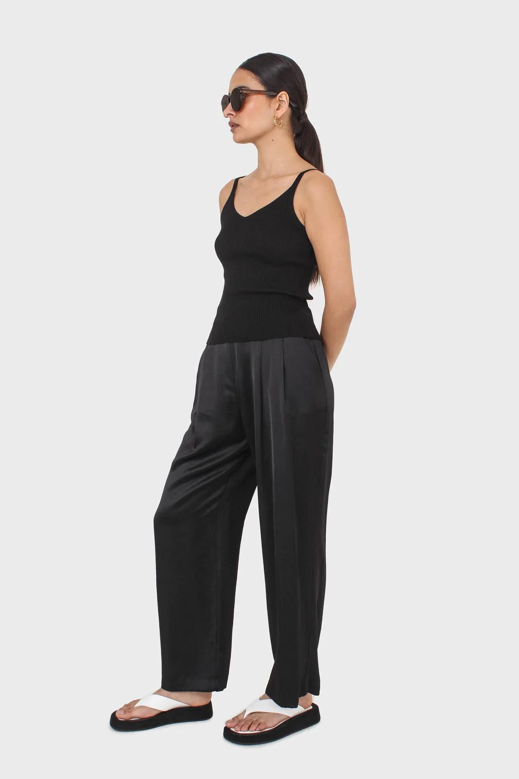 Black flap pocket satin wide leg trousers - Image 8