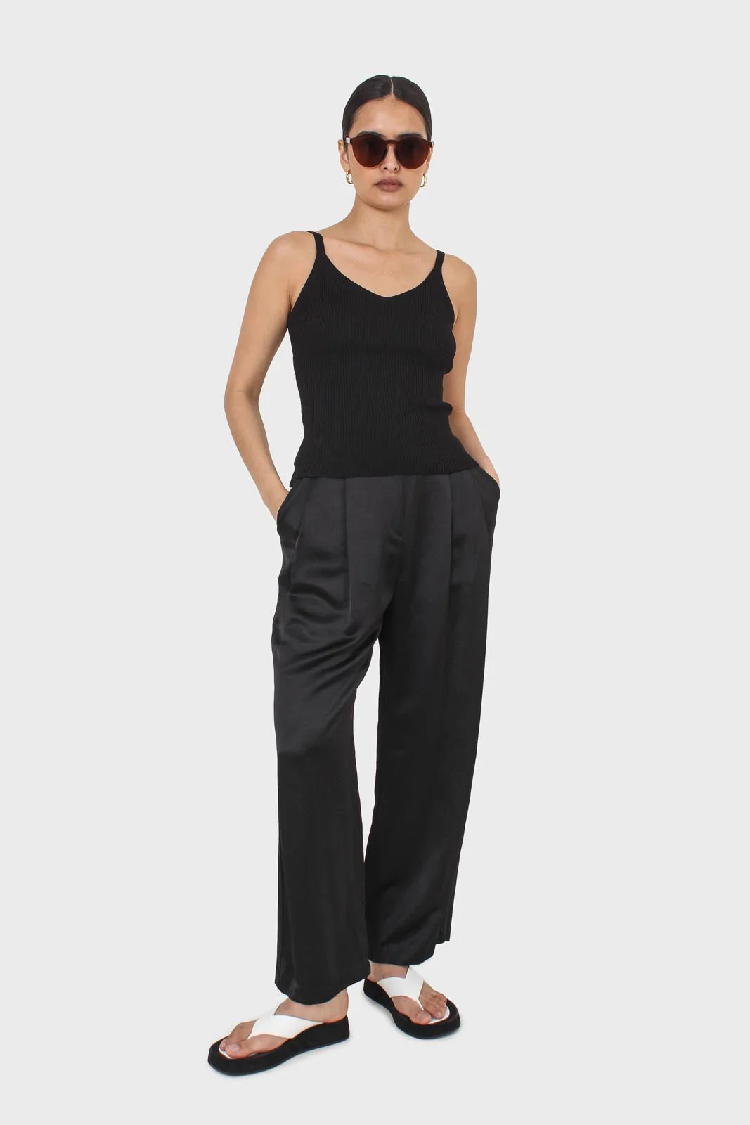 Black flap pocket satin wide leg trousers - Image 9