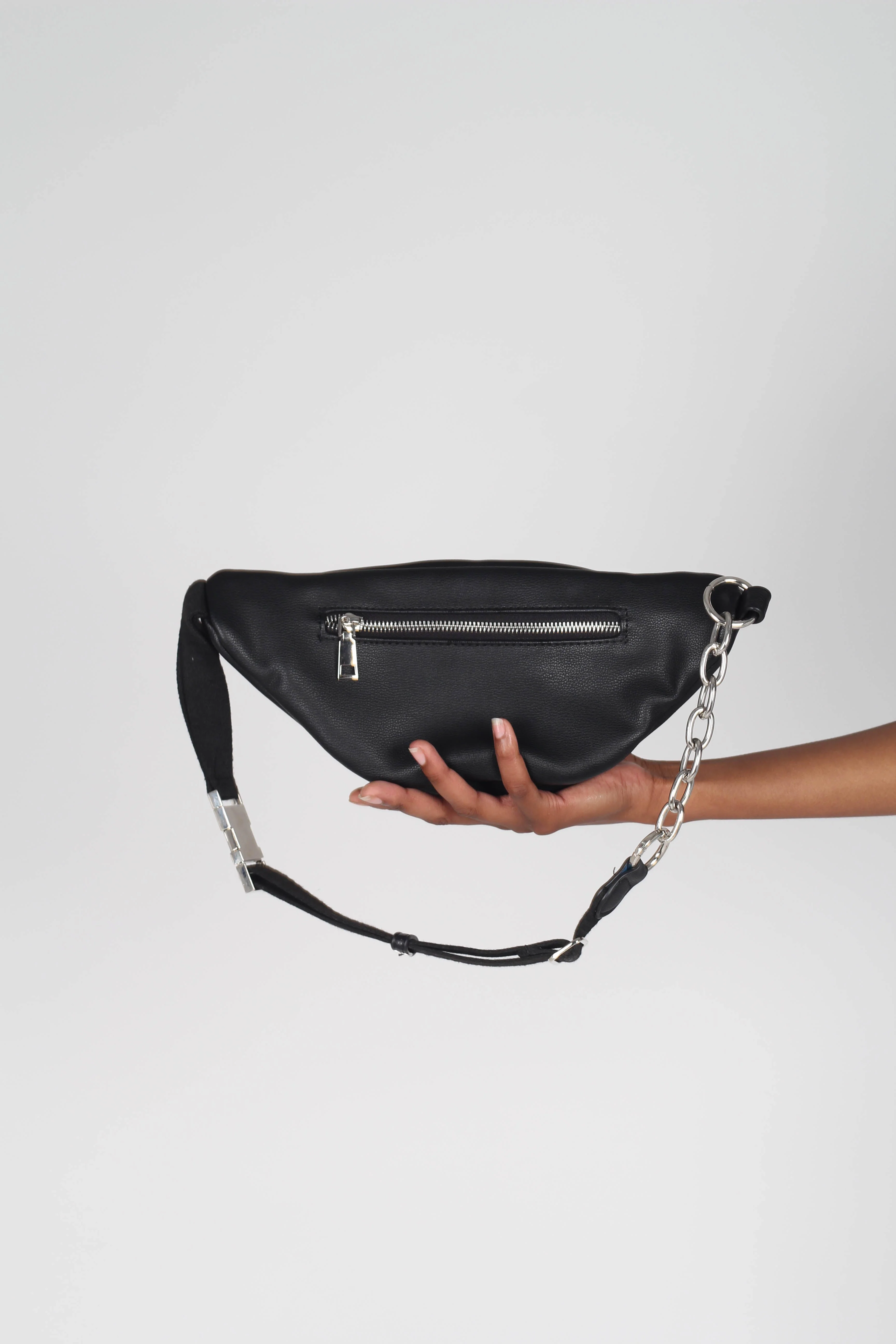 Black vegan leather silver zip bum bag - Image 3