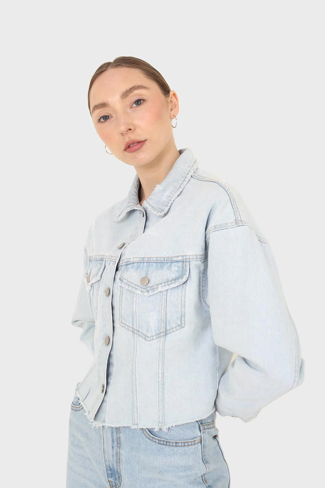 Blue cut hem crop denim jacket - Image 5