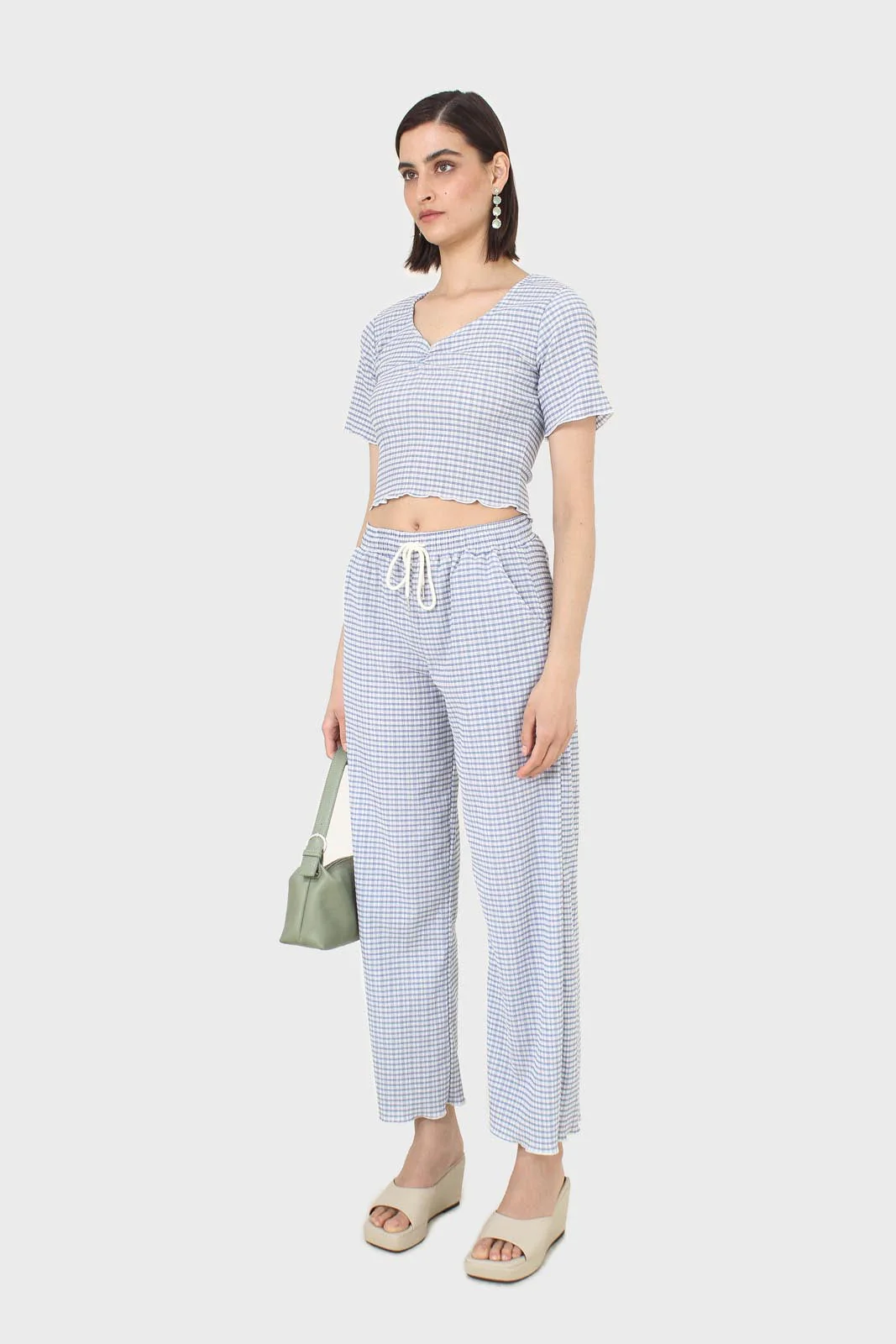 Blue gingham ruched neck tee - Image 11