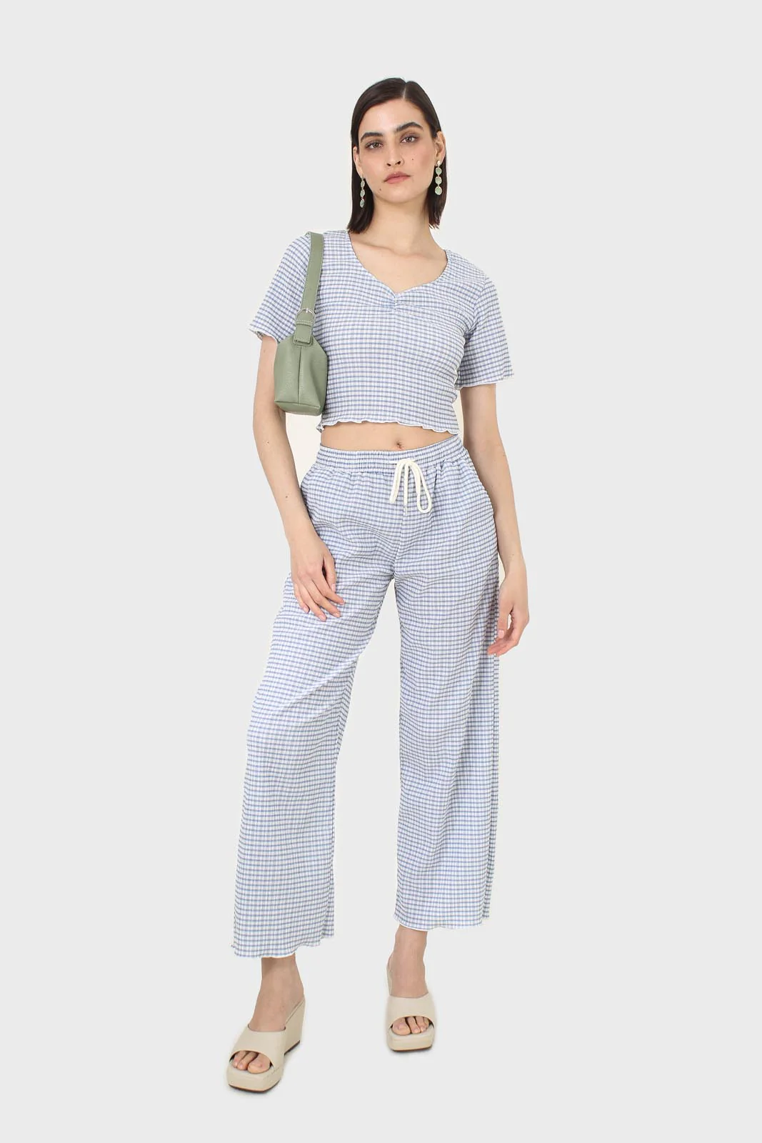 Blue gingham ruched neck tee - Image 3