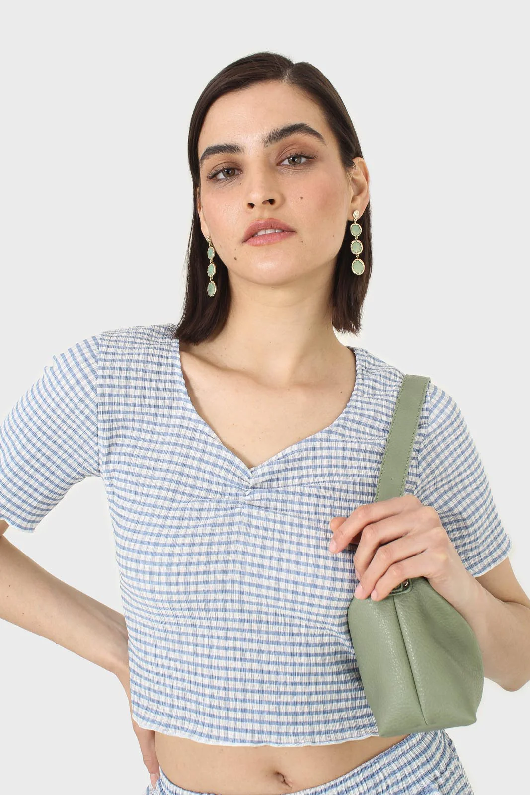 Blue gingham ruched neck tee - Image 4