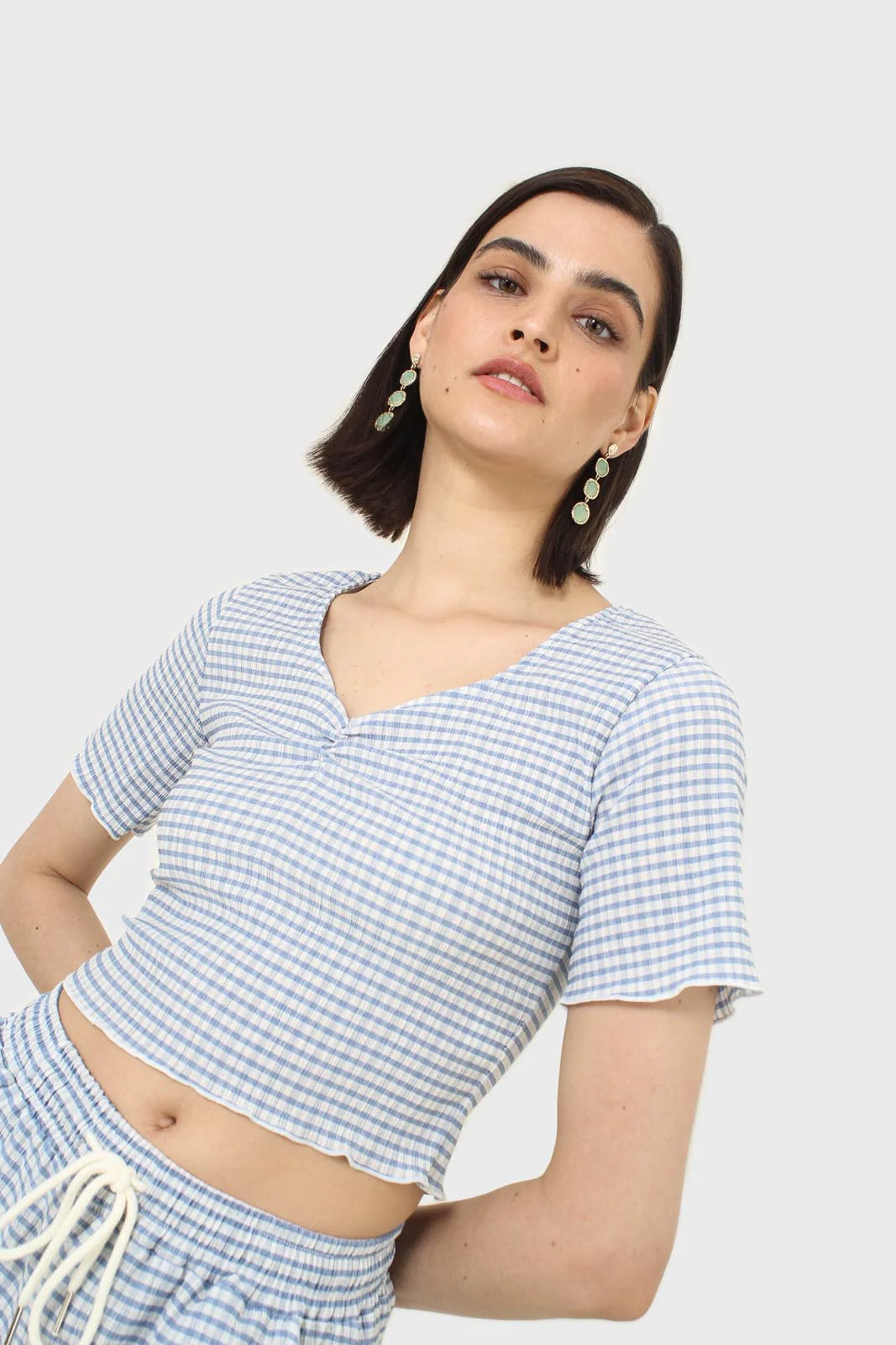 Blue gingham ruched neck tee - Image 5