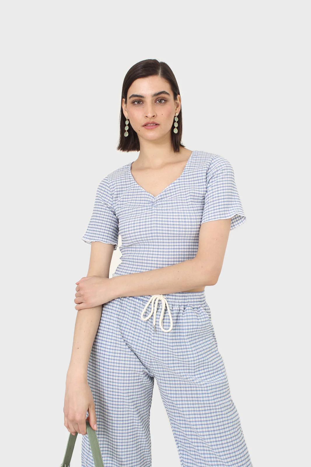 Blue gingham ruched neck tee - Image 6
