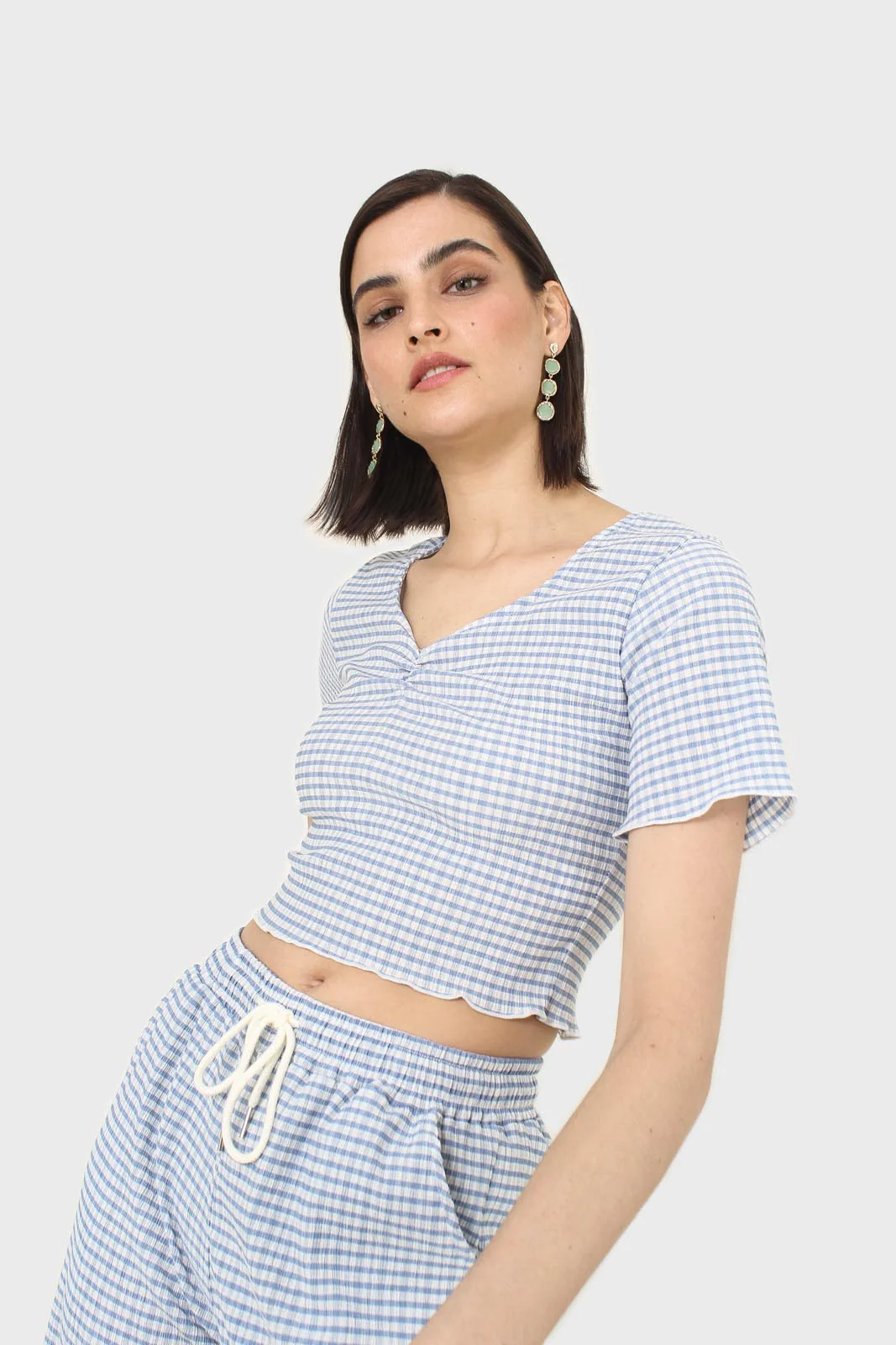 Blue gingham ruched neck tee - Image 7