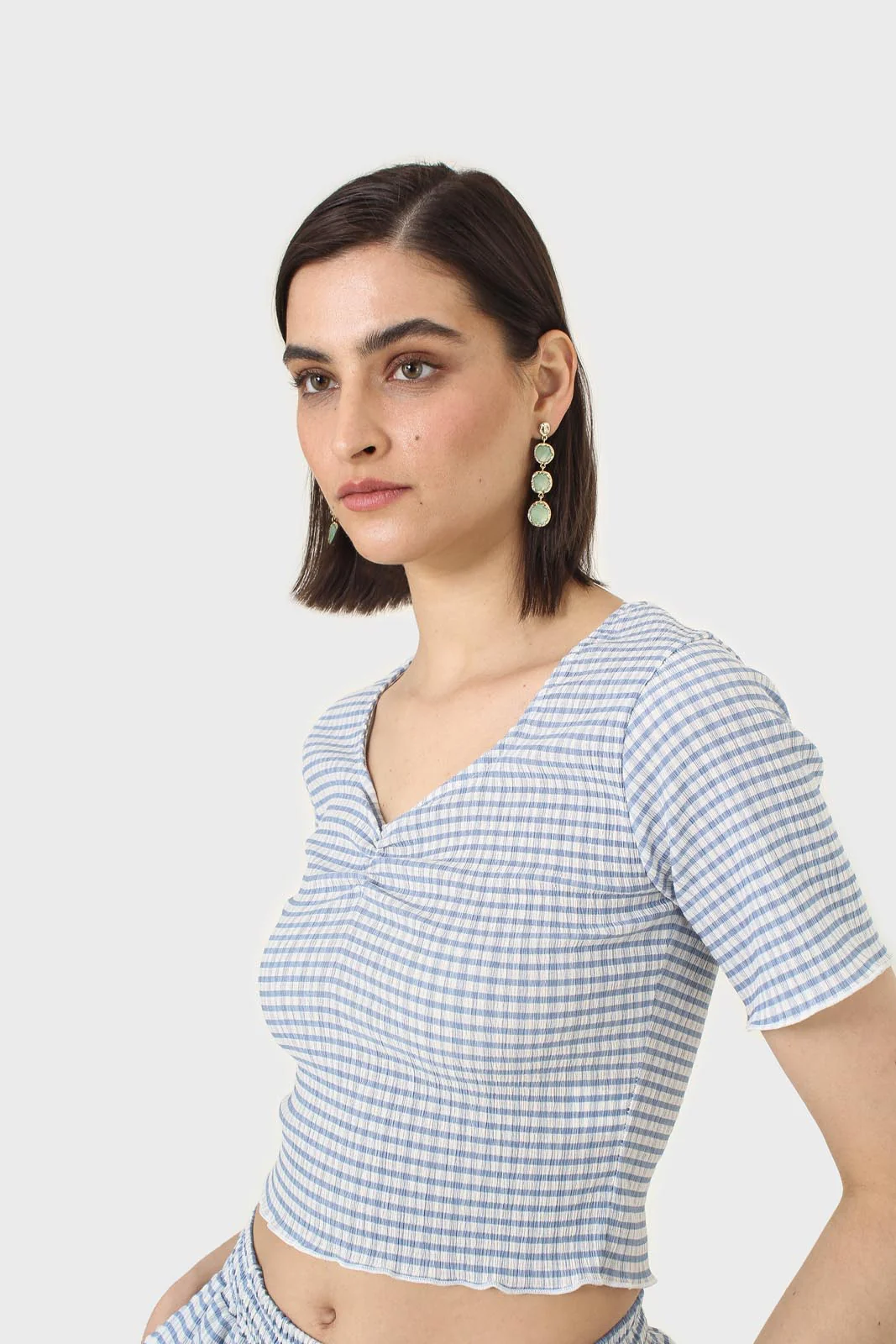 Blue gingham ruched neck tee - Image 8