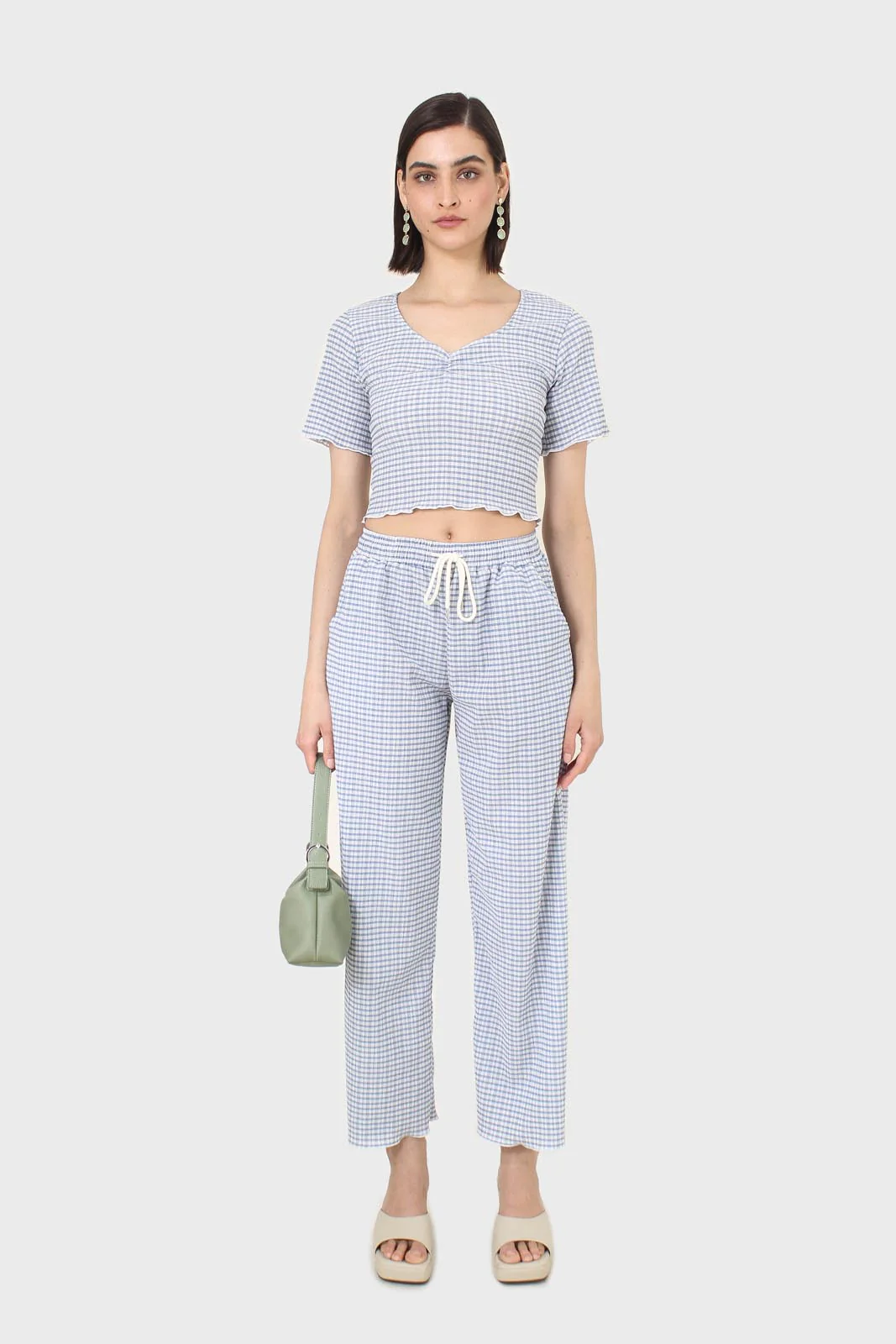 Blue gingham ruched neck tee - Image 9
