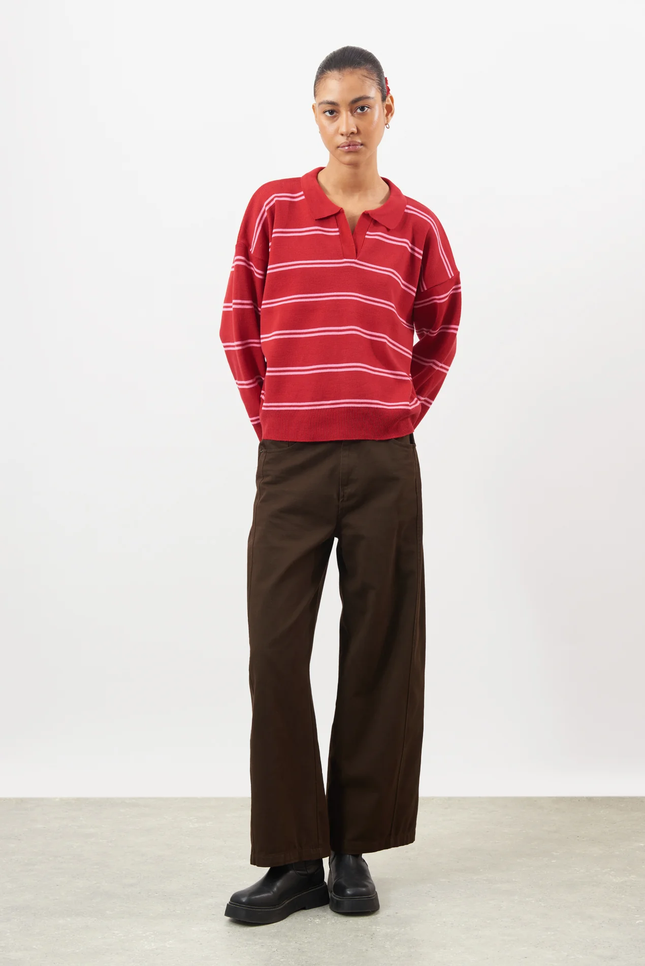 Bright red and pink double striped rugby jumper - Image 4