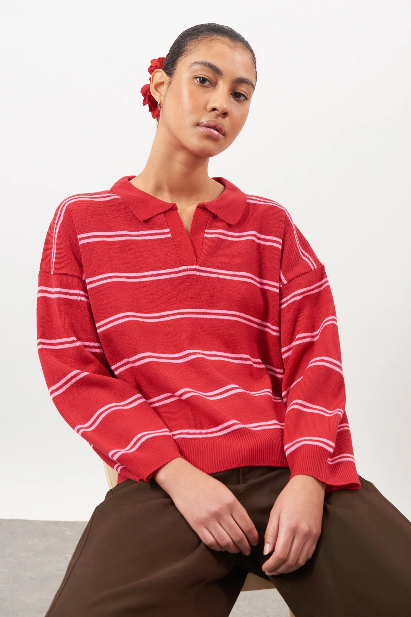 Bright red and pink double striped rugby jumper - Image 5