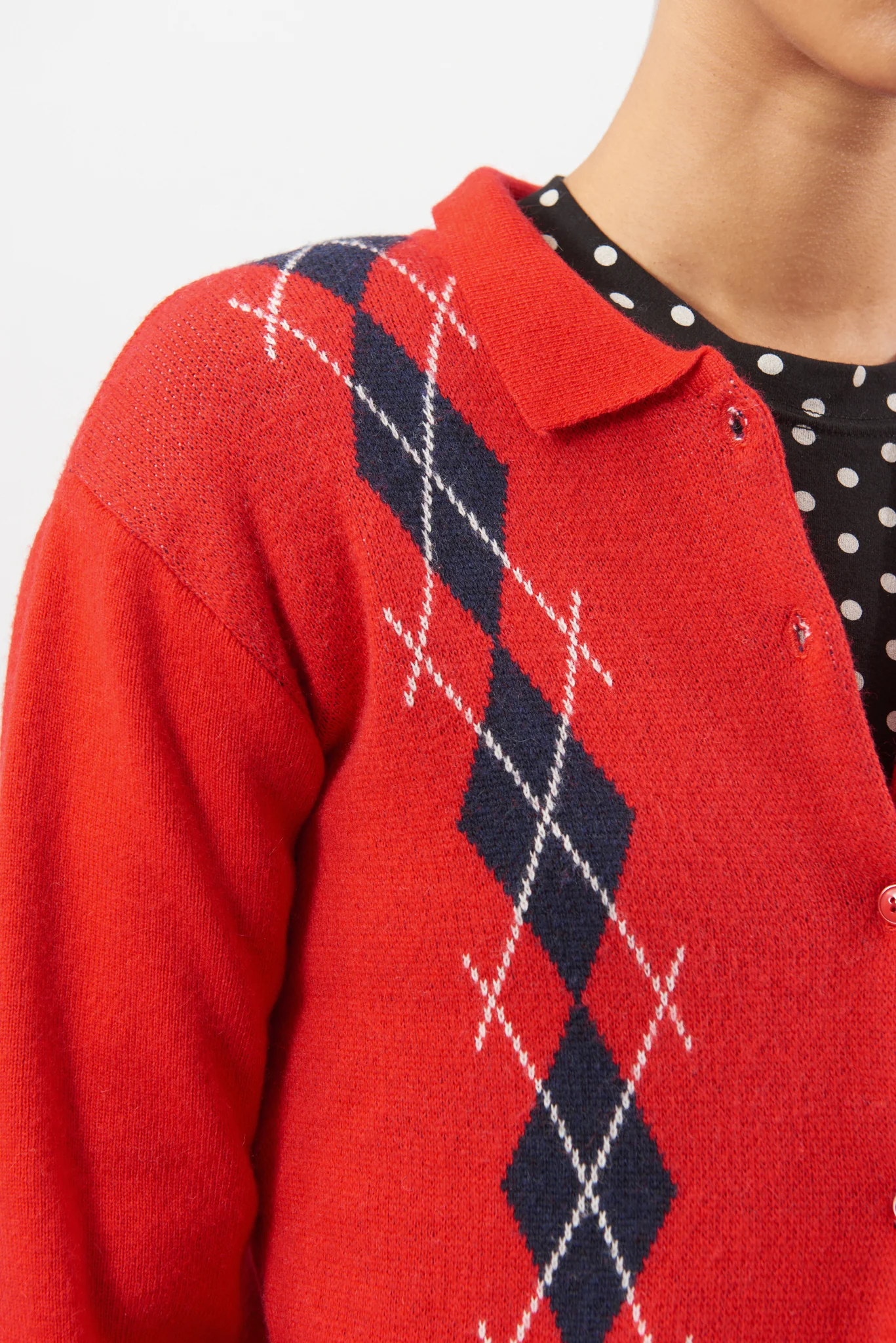 Bright red argyle collared cashmere wool blend cardigan - Image 3