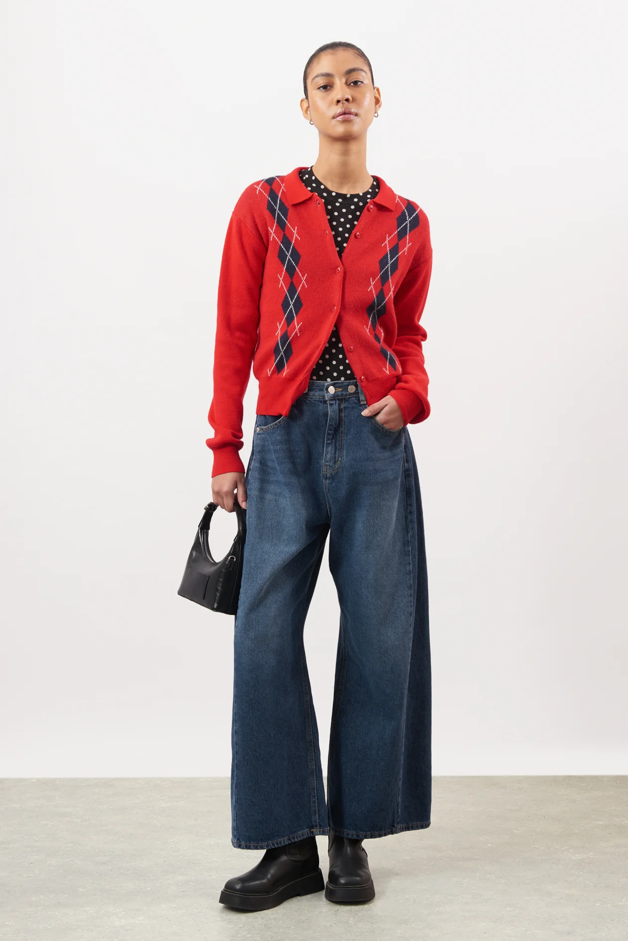 Bright red argyle collared cashmere wool blend cardigan - Image 4