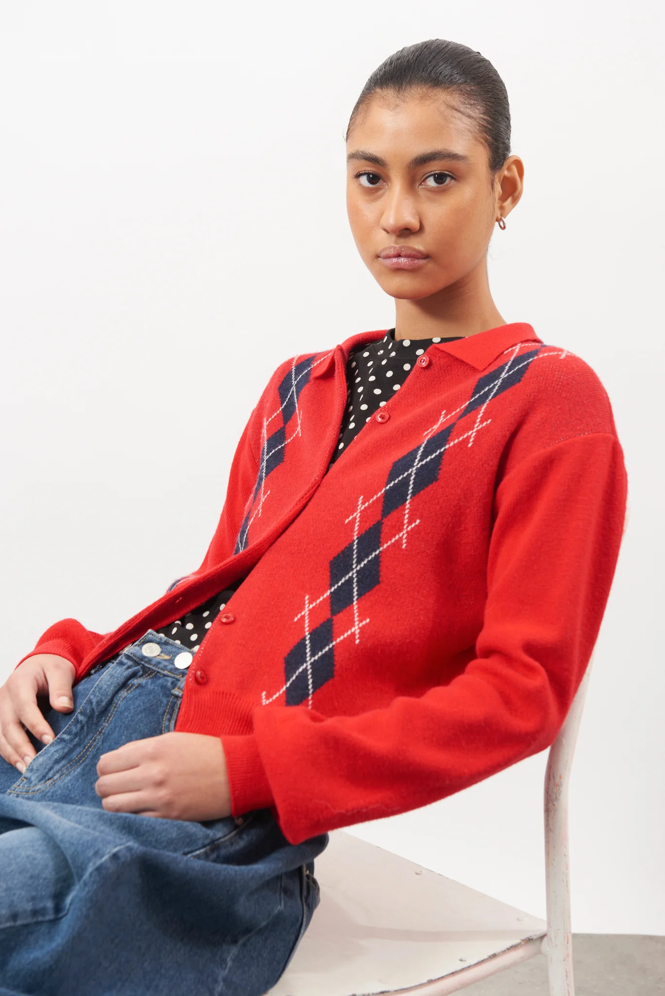 Bright red argyle collared cashmere wool blend cardigan - Image 5