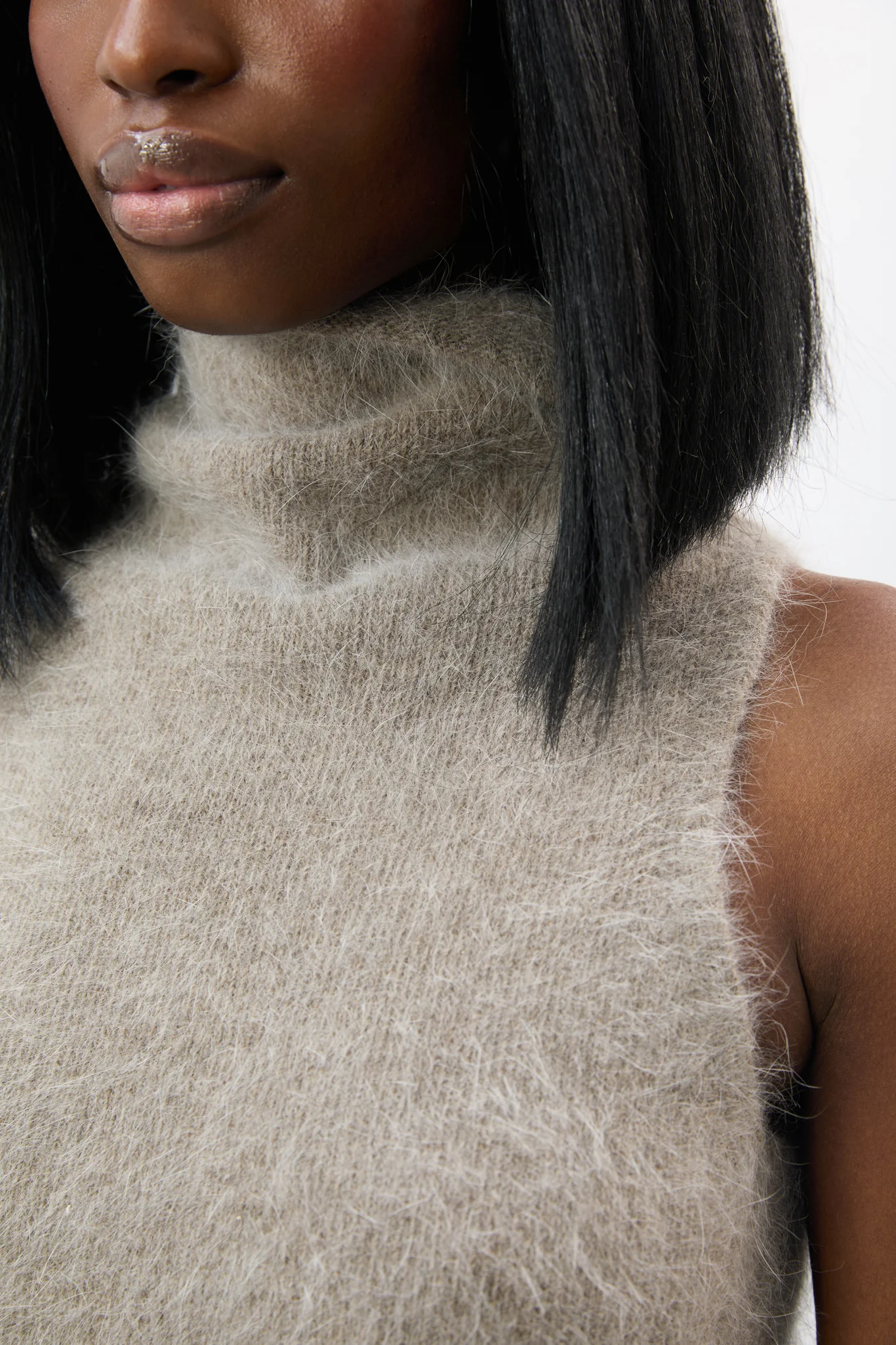 Brown angora wool blend mock neck knit top - Image 3