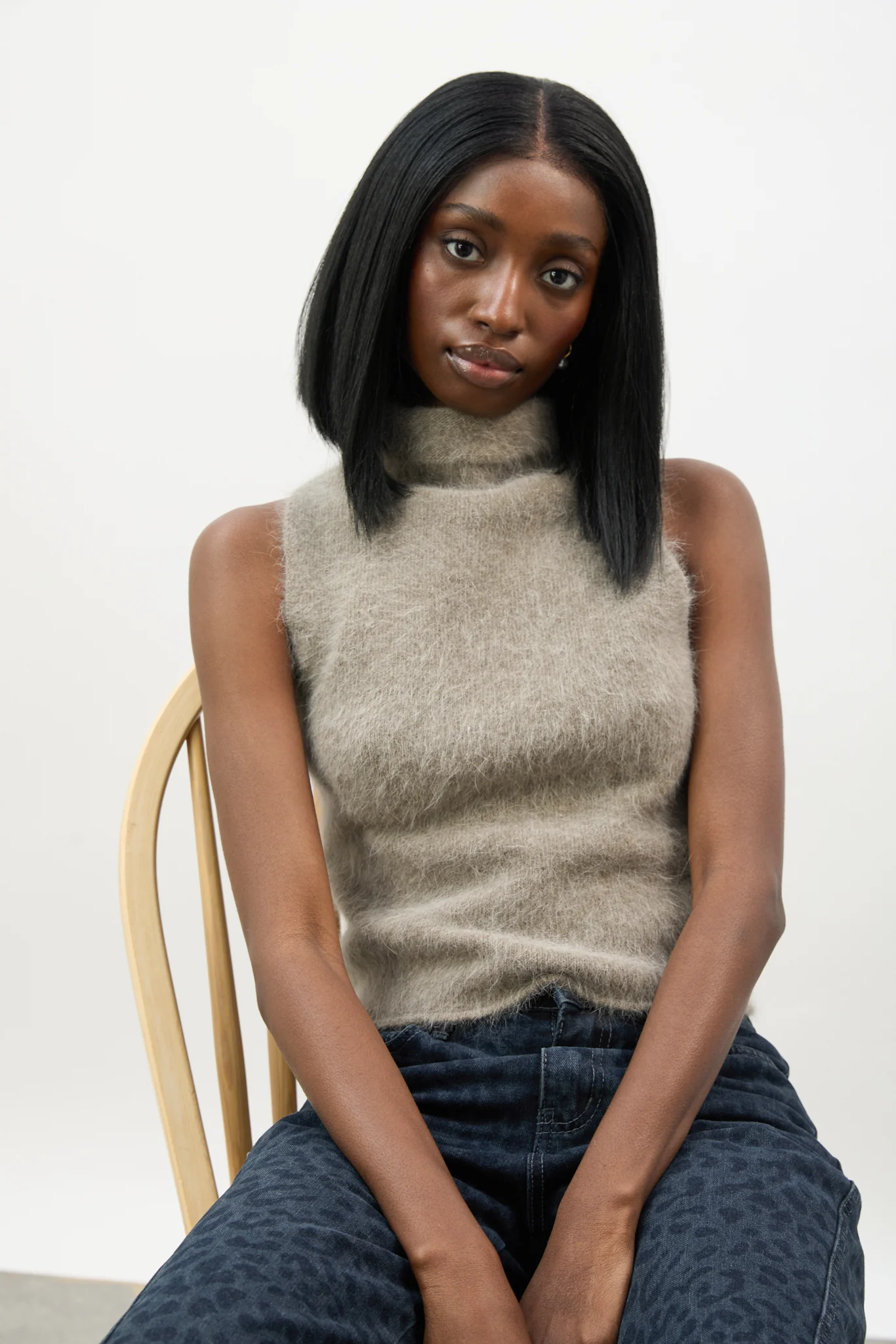 Brown angora wool blend mock neck knit top - Image 5