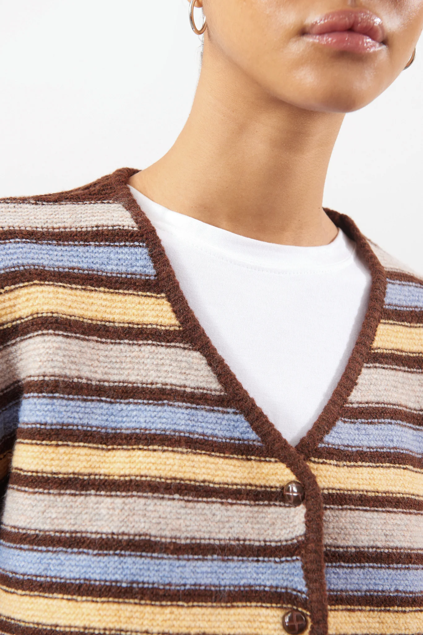 Brown blue and yellow striped wool blend cardigan - Image 3