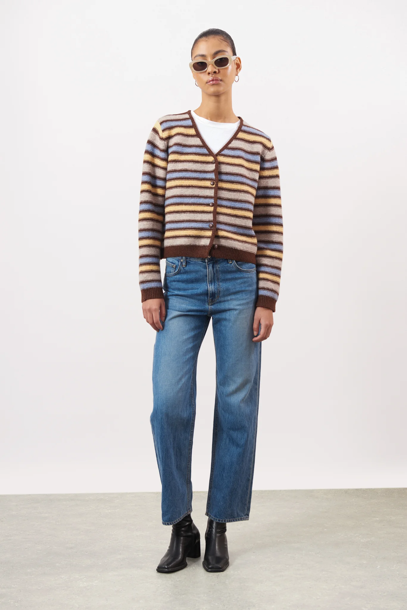 Brown blue and yellow striped wool blend cardigan - Image 4