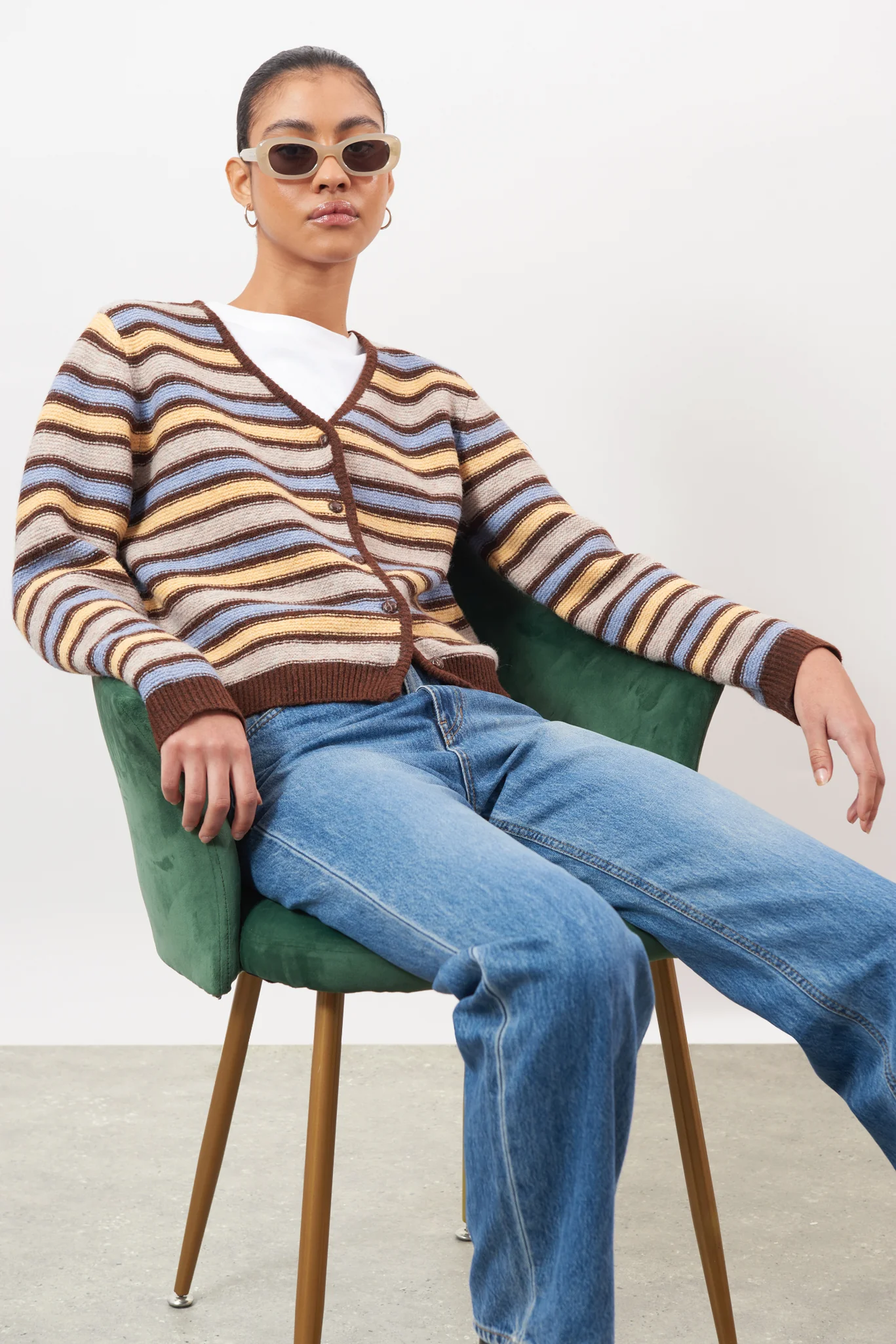 Brown blue and yellow striped wool blend cardigan - Image 5