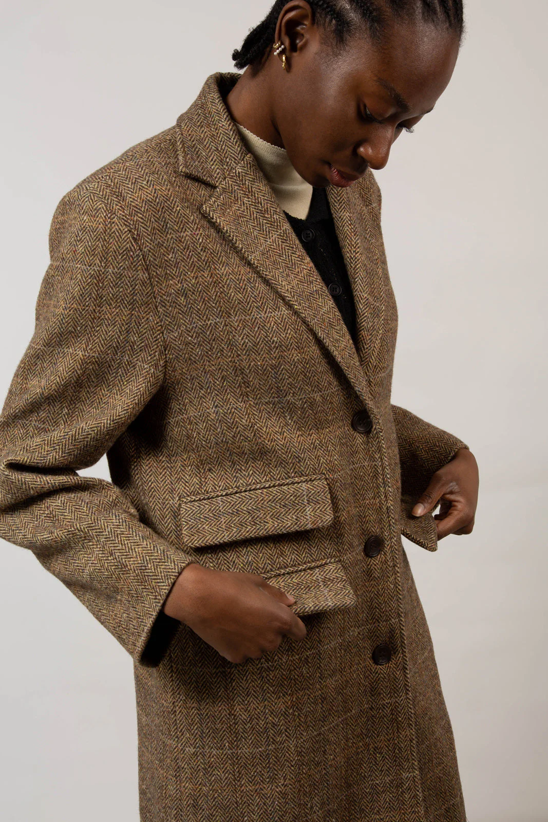Brown herringbone box checked wool blend long coat - Image 3