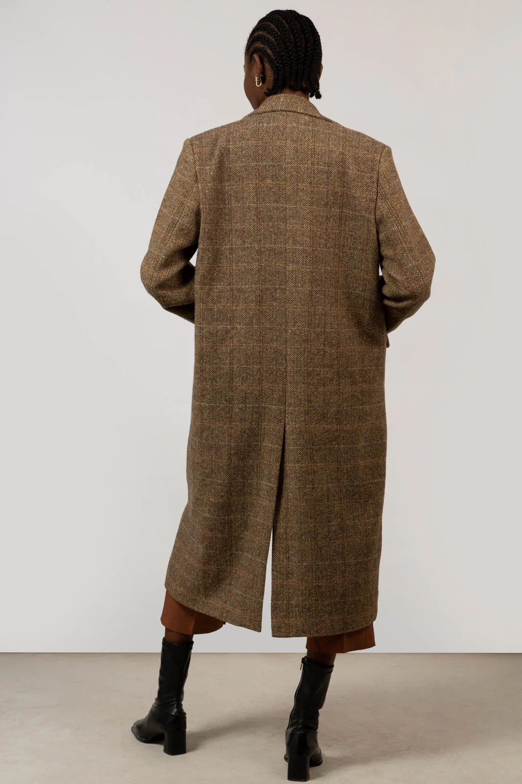 Brown herringbone box checked wool blend long coat - Image 4