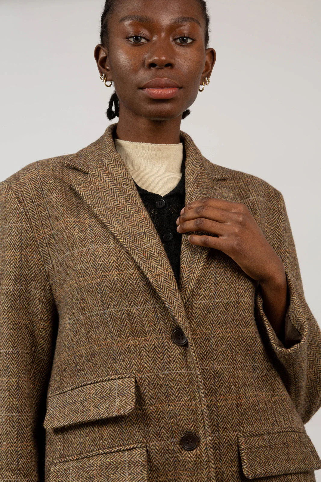 Brown herringbone box checked wool blend long coat - Image 5
