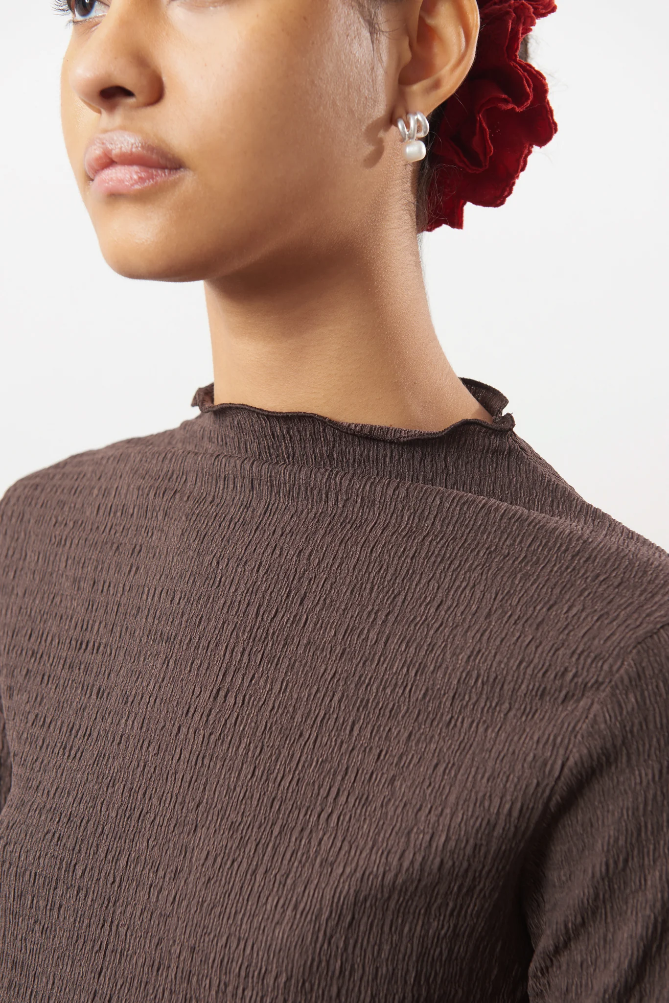 Brown textured mock neck top - Image 3