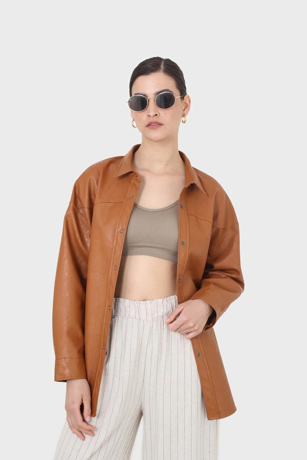 Camel vegan leather oversized shirt - Image 10