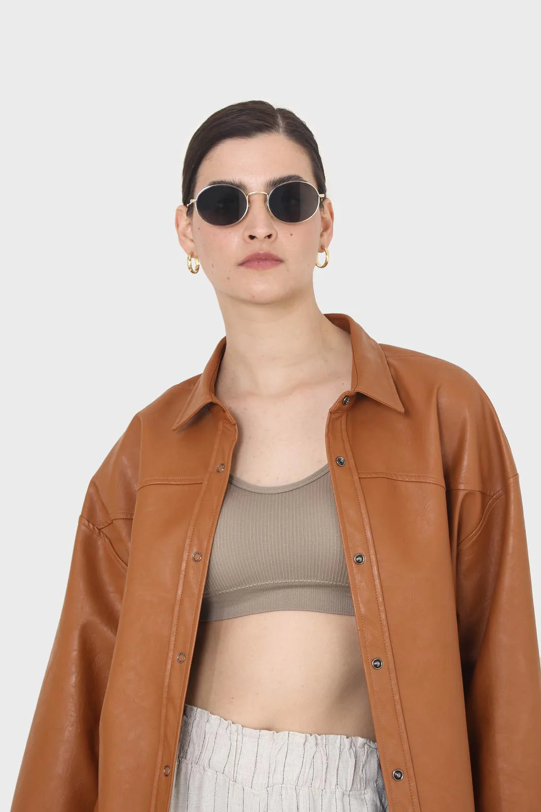 Camel vegan leather oversized shirt - Image 11