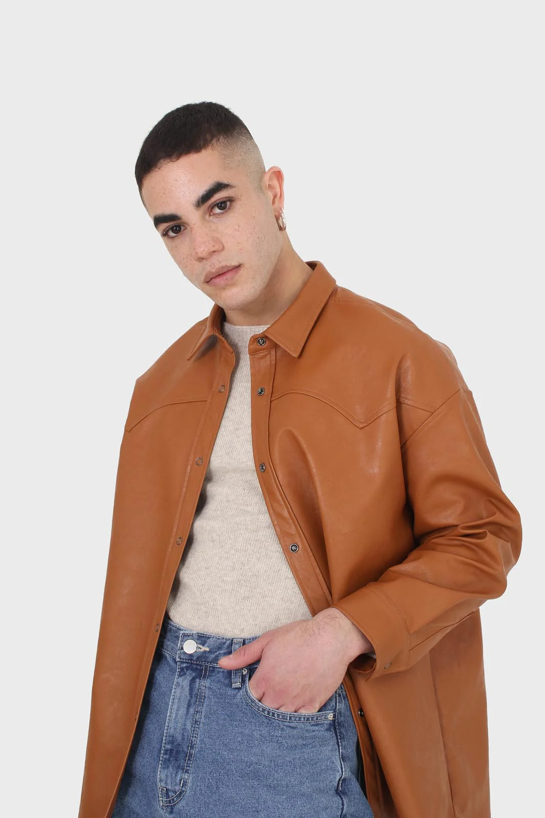 Camel vegan leather oversized shirt - Image 5