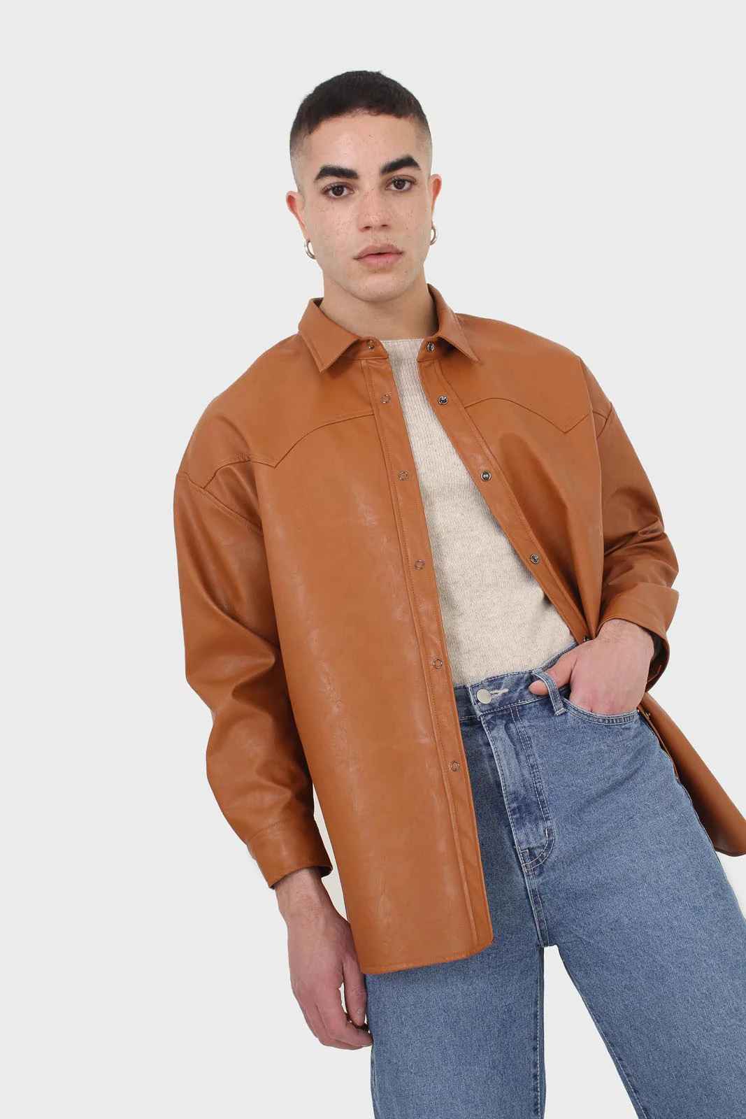 Camel vegan leather oversized shirt - Image 6