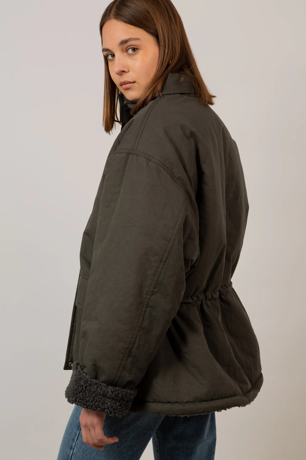 Charcoal teddy lined cinch back parka - Image 3