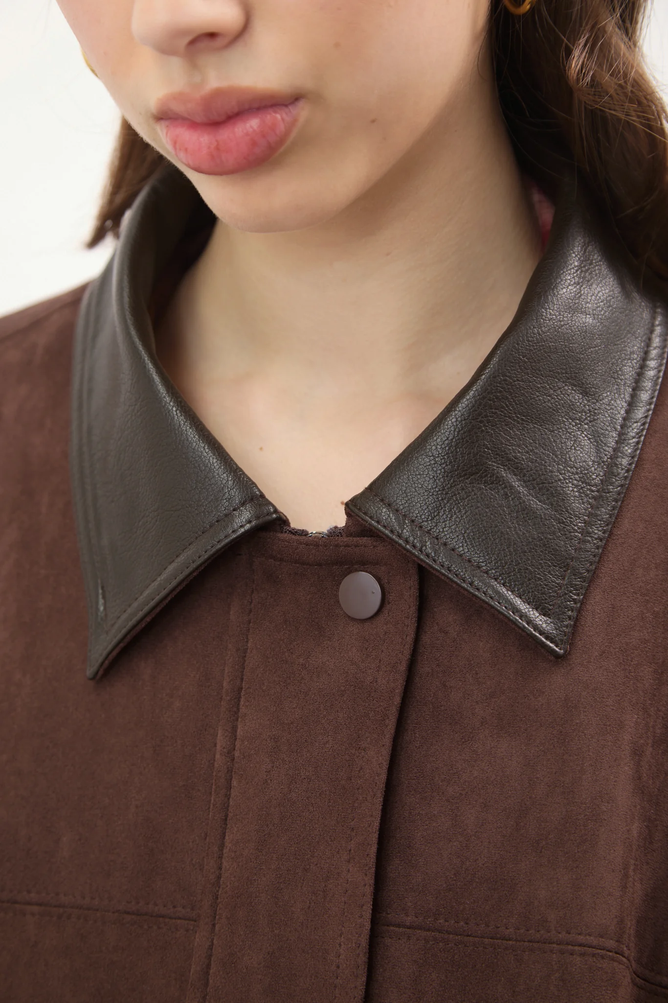 Chocolate brown suede vegan leather collar jacket - Image 3