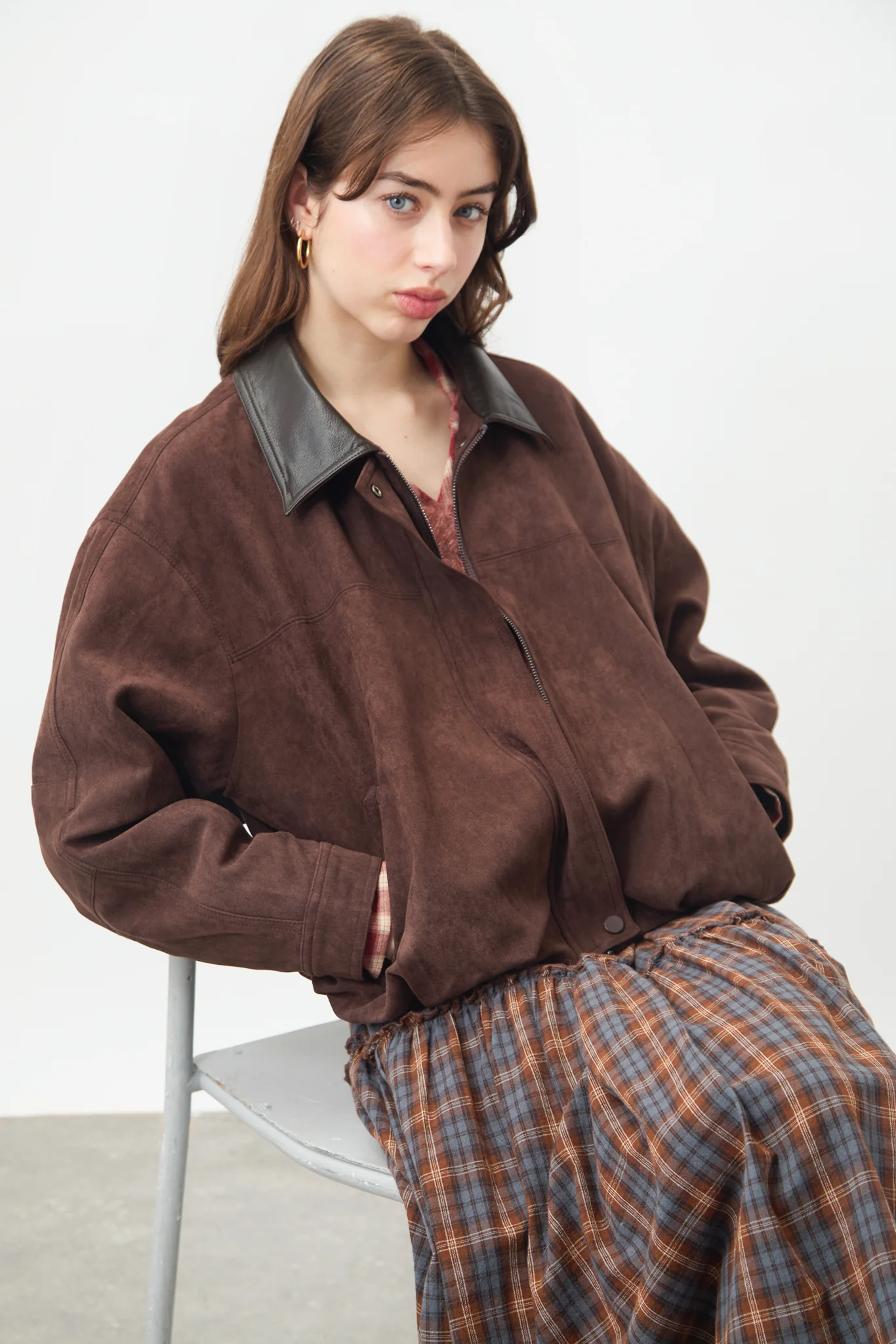 Chocolate brown suede vegan leather collar jacket - Image 5