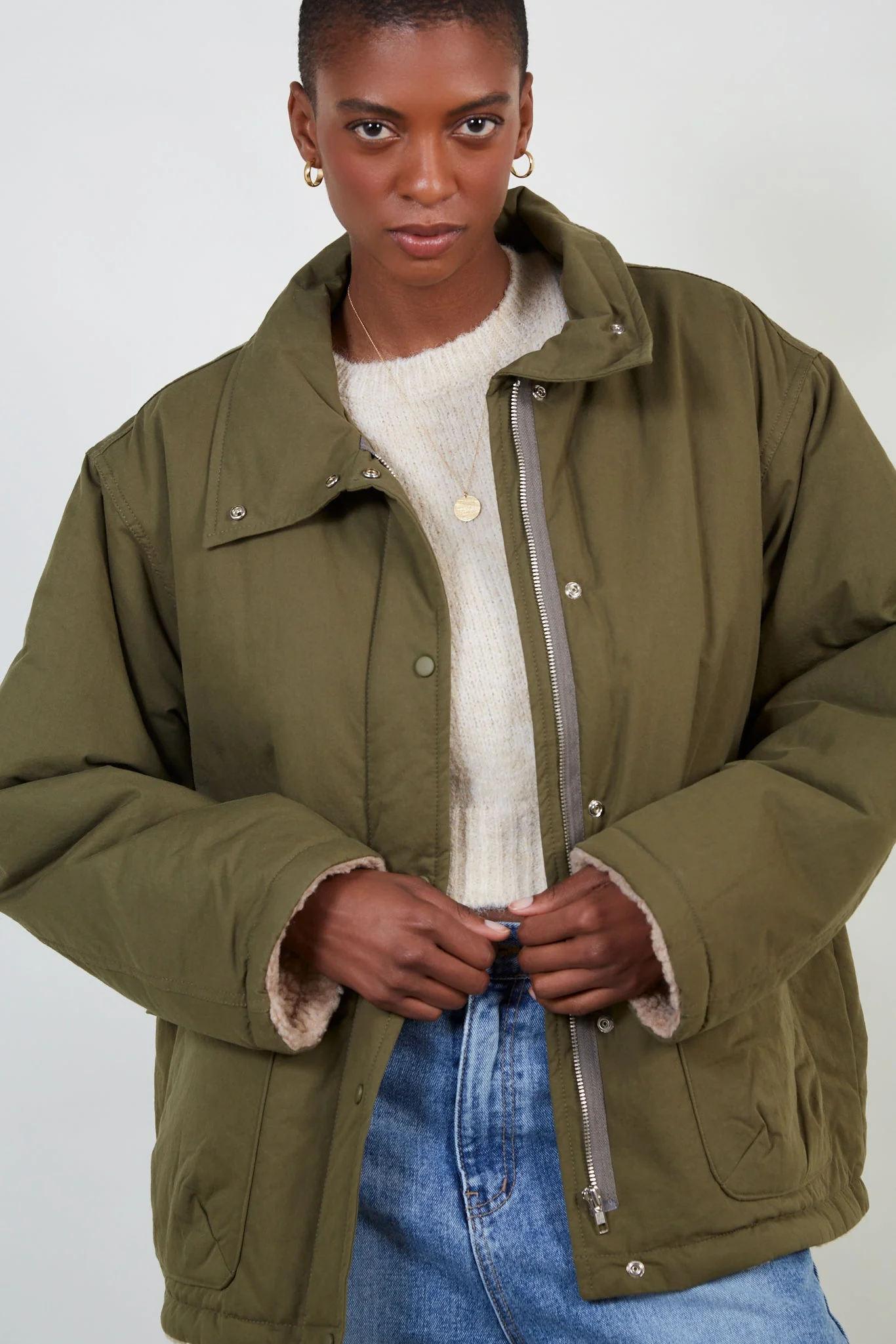 Dark khaki teddy lined cinch back parka - Image 6