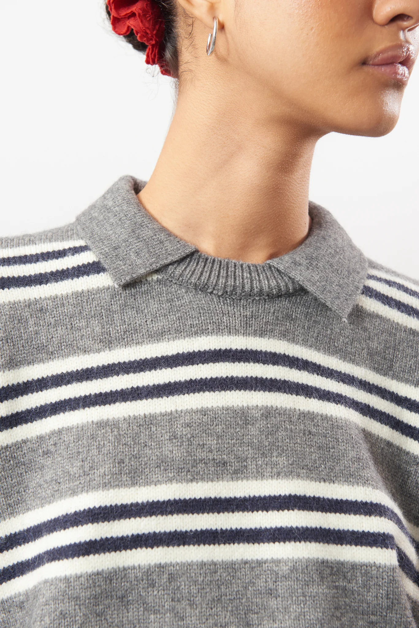 Grey ivory and black multi stripe collared jumper - Image 3