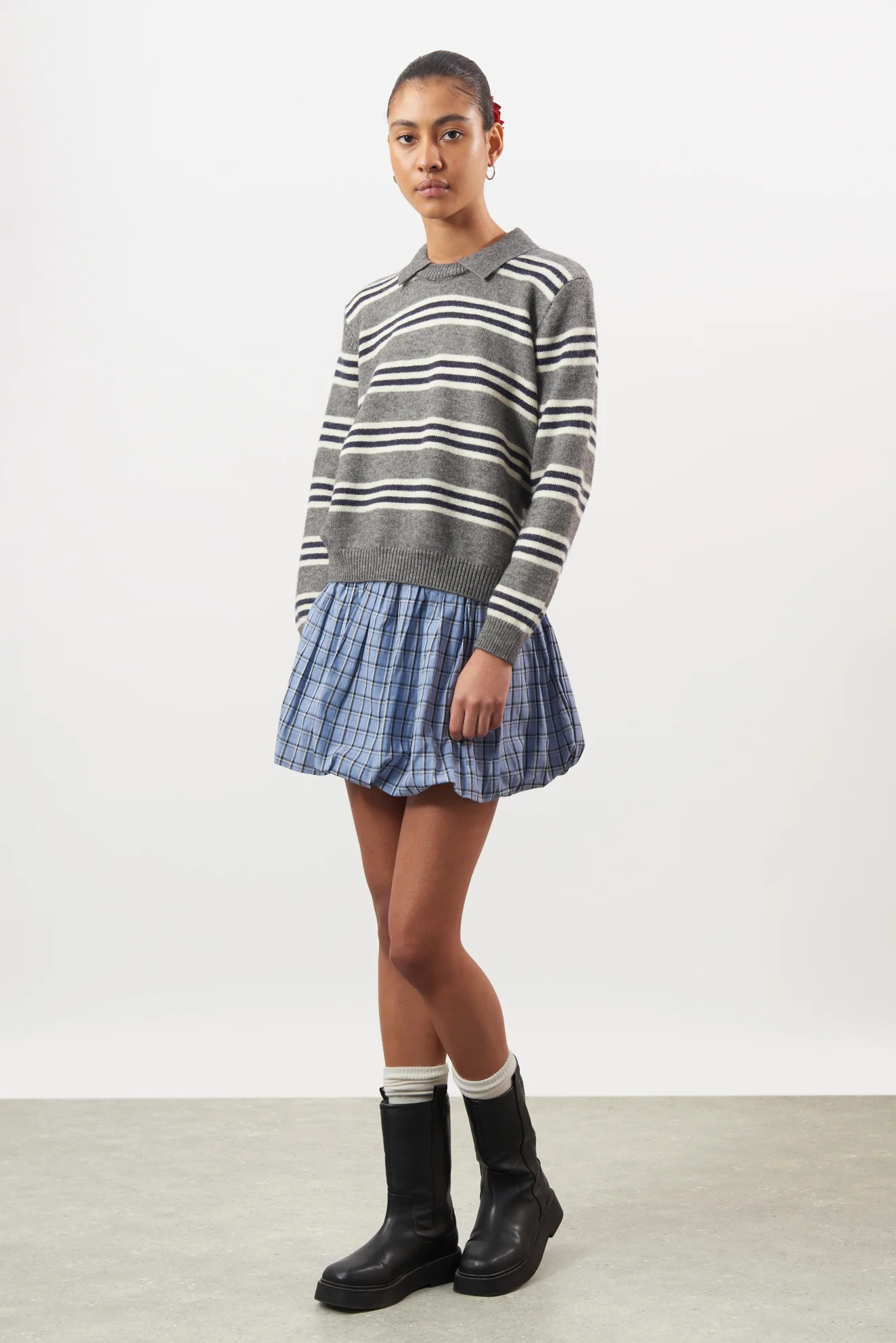 Grey ivory and black multi stripe collared jumper - Image 4