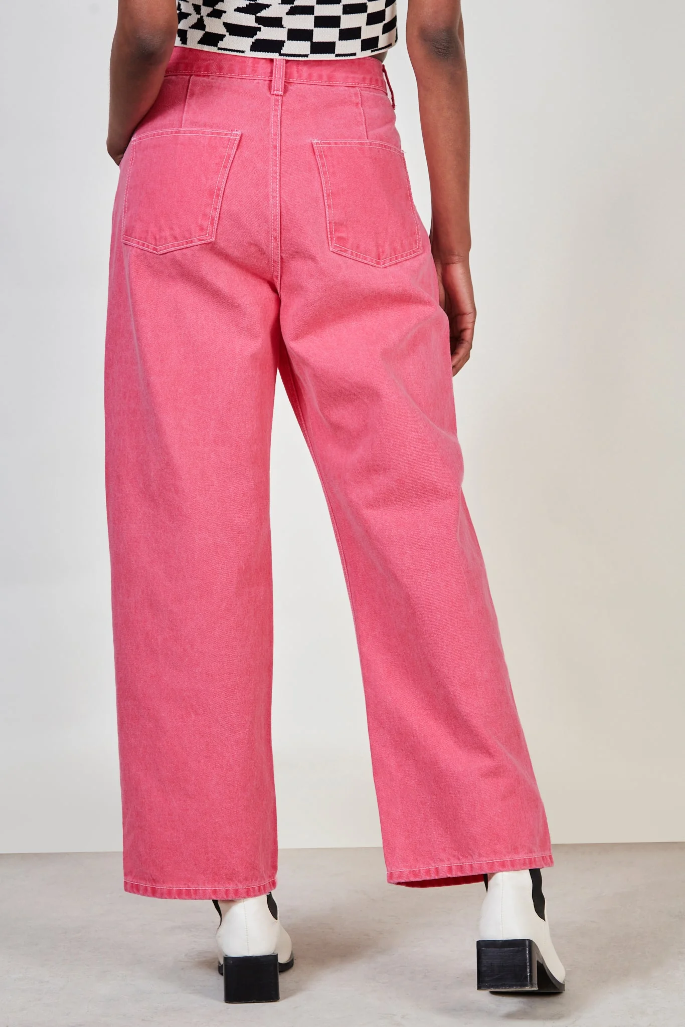 Hot pink contrast stitch button waist jeans - Image 3