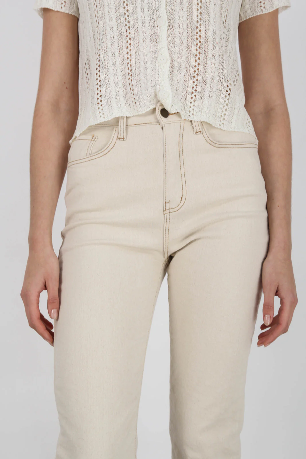 Ivory and beige contrast stitch jeans - 996 - Image 11