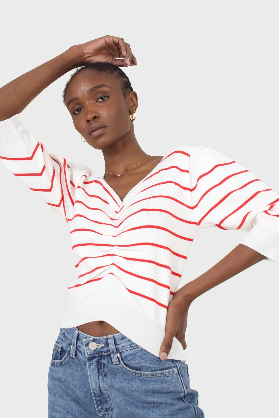 Ivory and red striped ruched front top - Image 10